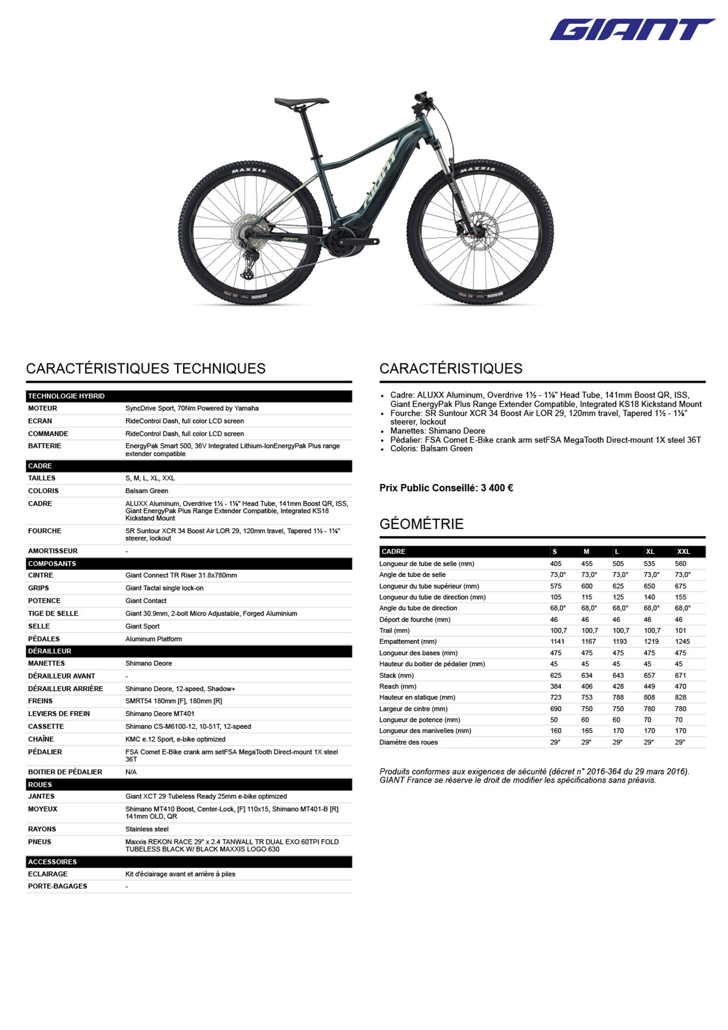 Fiche technique du velo électrique Fathom E+1 année 2022